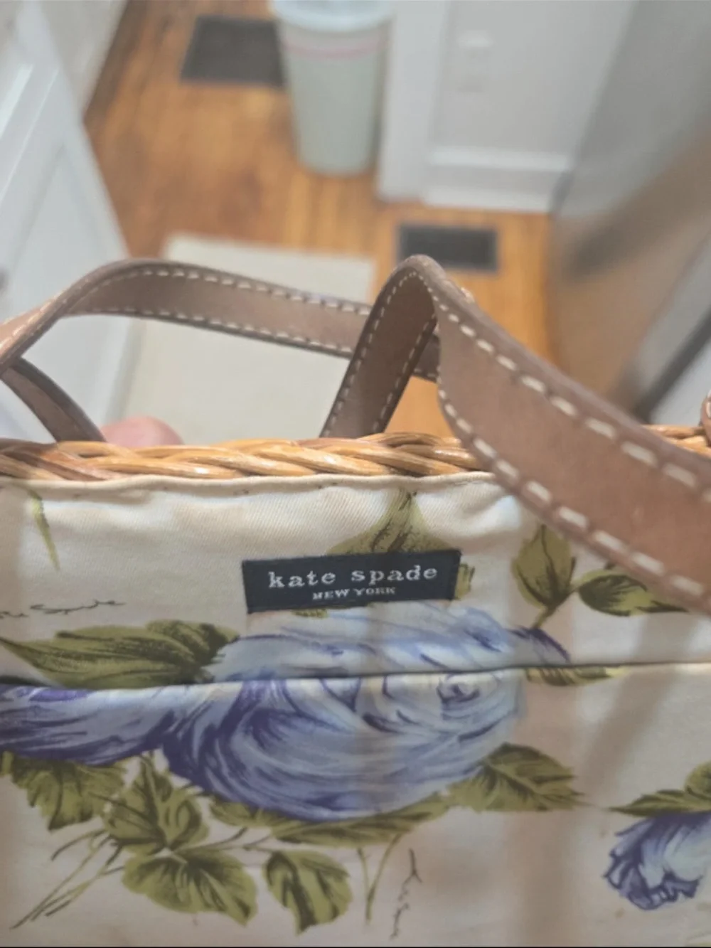 KATE SPADE Tan Woven Wicker basket Tote with Teal Ribbon